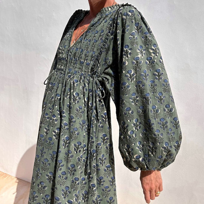 The Autumn Dress  - Green/Blue floral