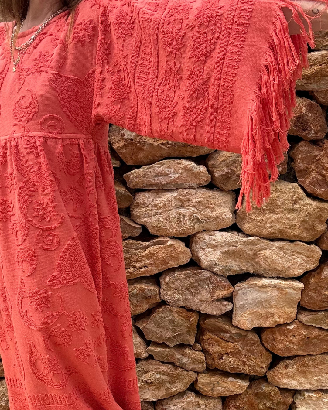 Fringe Towelling Maxi Dress Coral