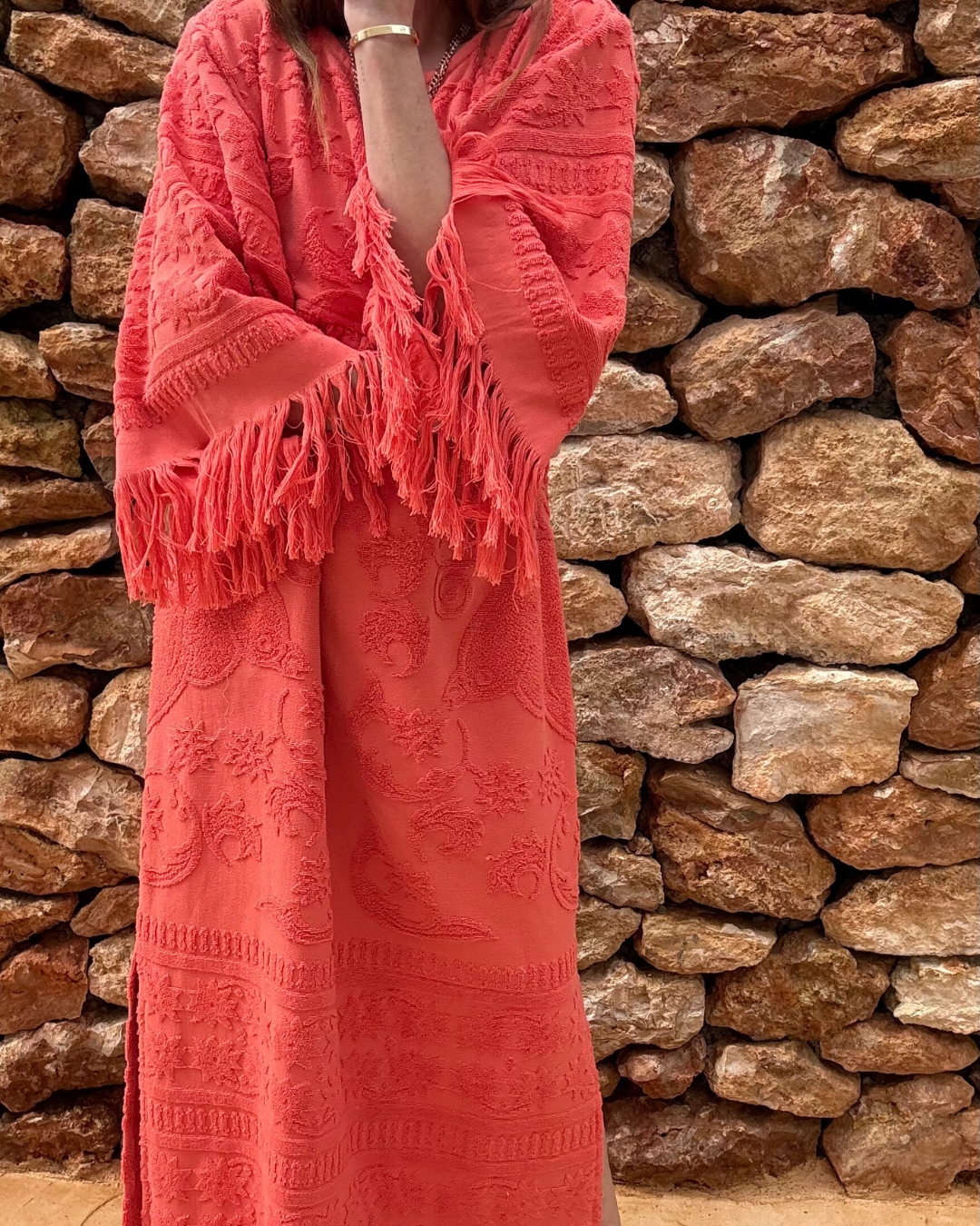 Fringe Towelling Maxi Dress Coral