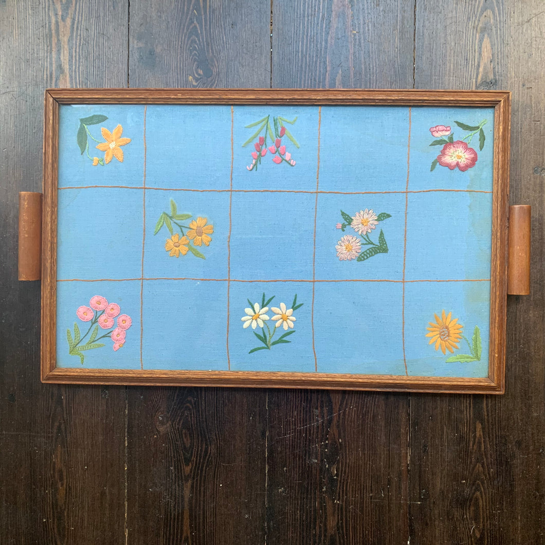 Vintage Tray With Embroidered Floral Vintage