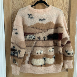 Vintage Sheep scene Hand Knit - Blush