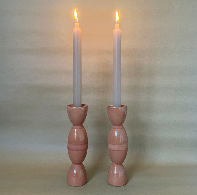 Tina Vaia Striped Double Totem Candlestick - Toffee EXCLUSIVE to Maison M