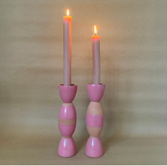 Tina Vaia Striped Double Totem Candlestick - Pink